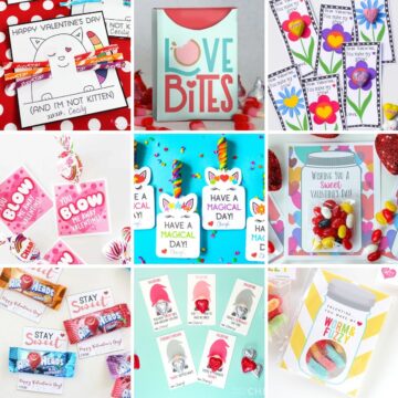 Collage with 9 printable classroom valentines.