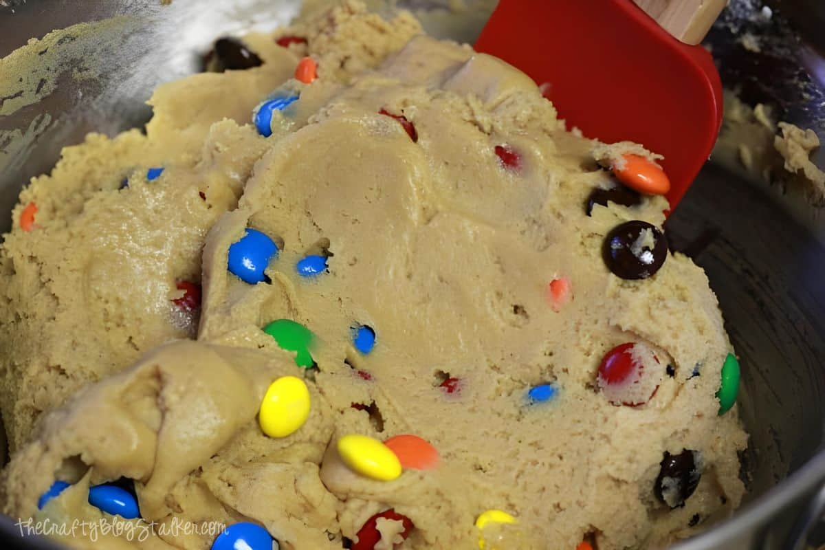 Peanut butter cookie dough with MMs mixed in.