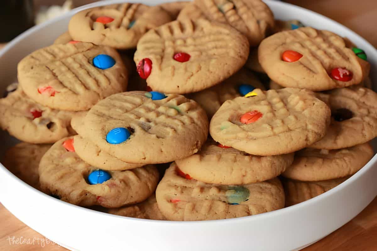 Plate filled with Peanut Butter MM Cookies.