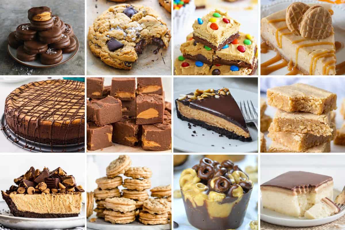 Collage title image with 12 images of peanut butter desserts.