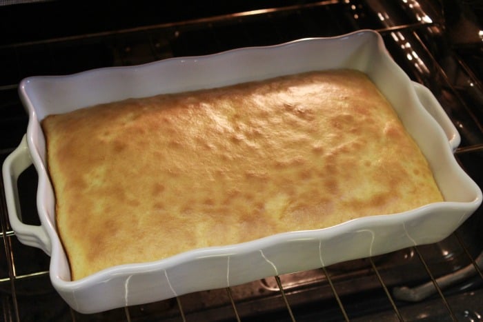 A cake in an oven.