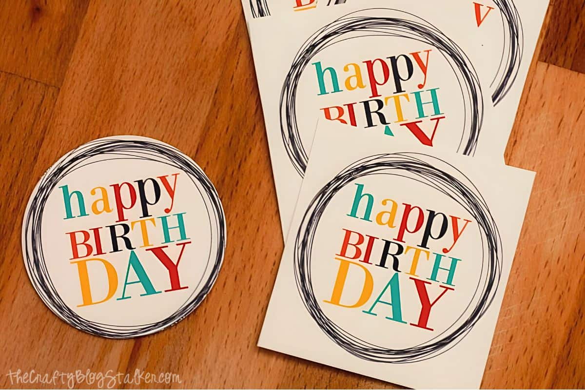Birthday tags cut into circles and squares.