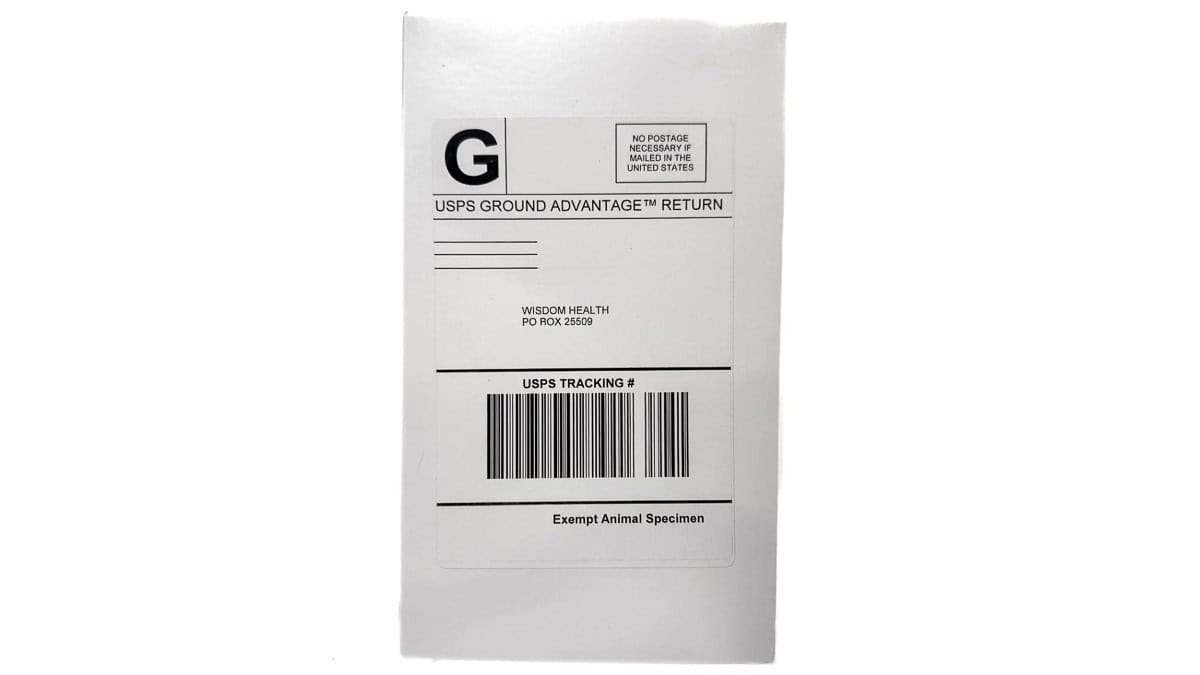 Prepaid USPS return mailer with tracking barcode for sending a dog DNA test sample back to the lab.