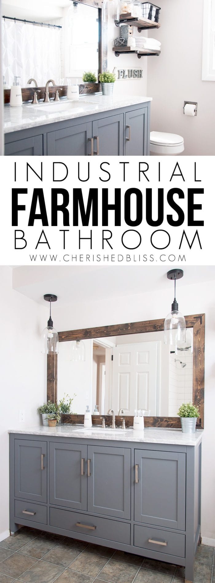 This Industrial Farmhouse Bathroom is the perfect blend of styles and creates such a cozy atmosphere!
