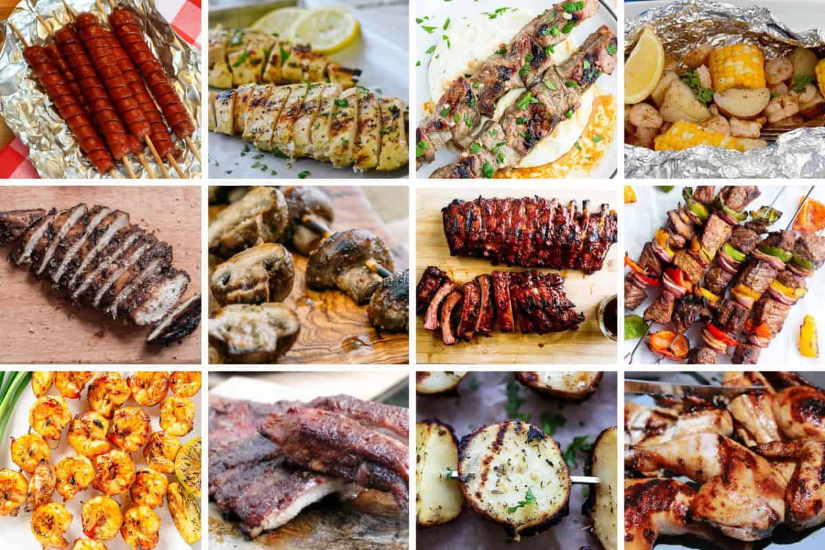 Collage of summer BBQ favorites including grilled meats, veggies, shrimp, and ribs, all cooked to perfection and served with fresh herbs, sauces, and lemon wedges.