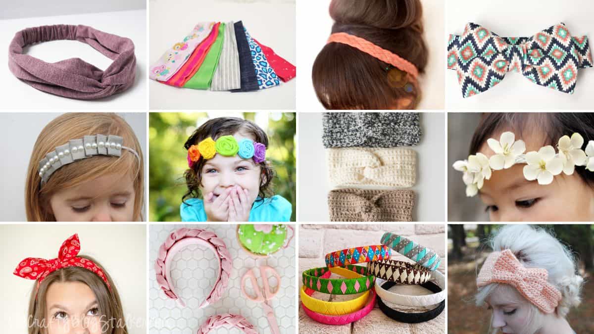Collage of handmade headbands including twisted turbans, crochet styles, floral crowns, braided designs, and patterned fabric bows.