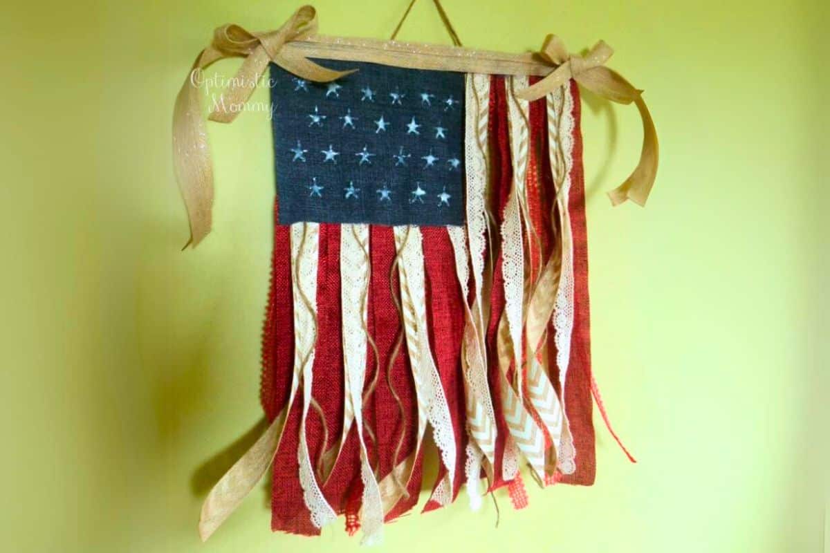 Fabric united states flag made with fabric scraps.