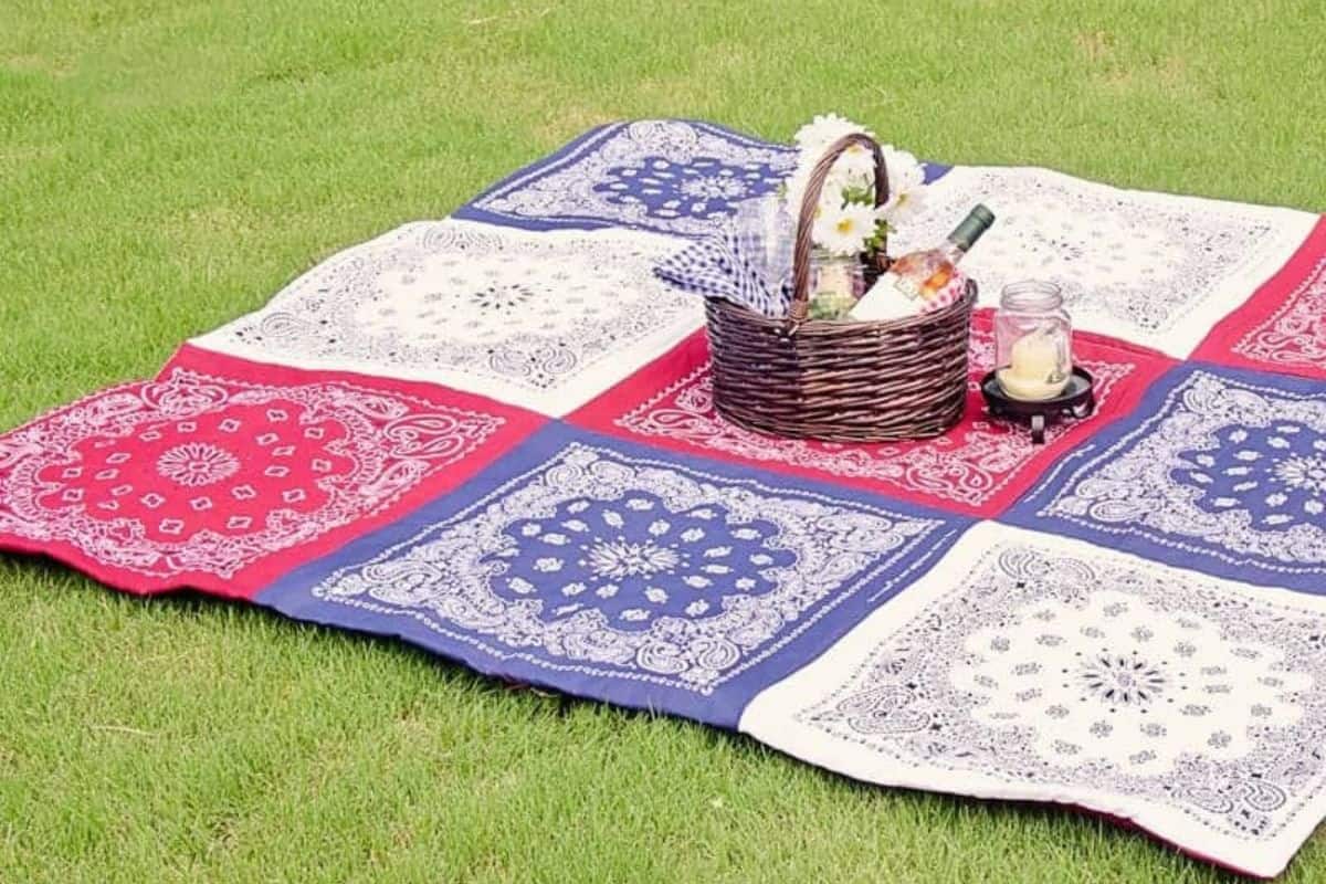 Red, white, and blue bandana picnic quilt.