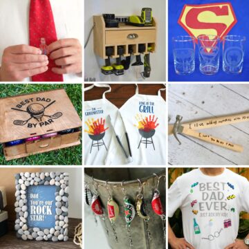 Collage with 9 handmade Father's Day gift ideas.