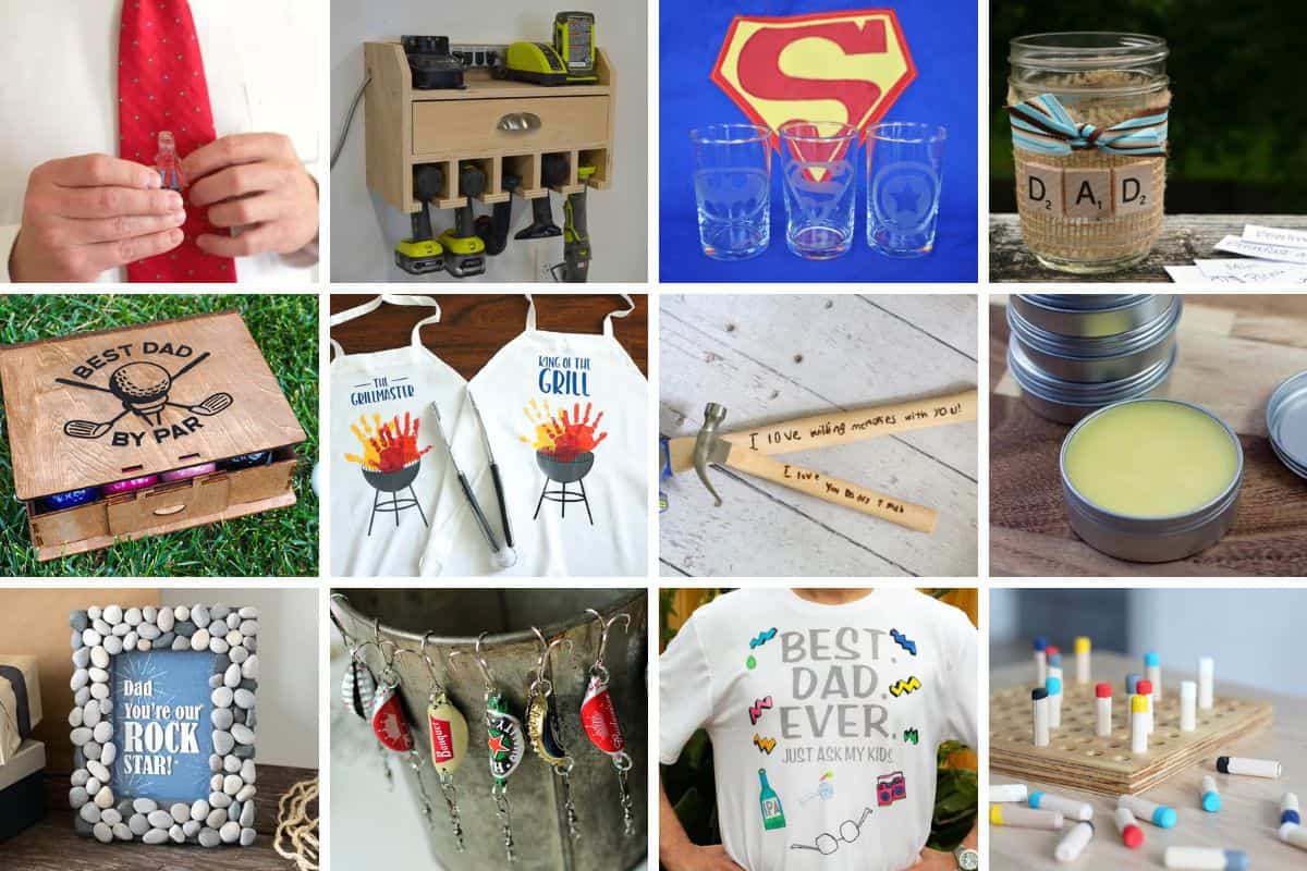 Collage with 12 handmade Father's Day gift ideas.