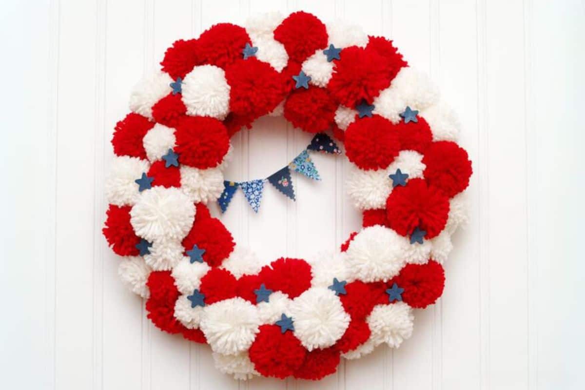 Red, white, and blue pom pom wreath.