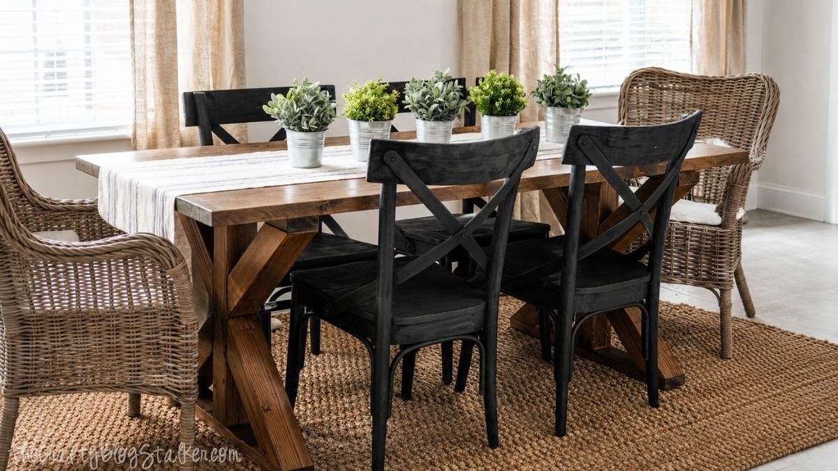 Farmhouse dining table with X-brace legs, black chairs, wicker armchairs, and potted greenery in a bright dining room.