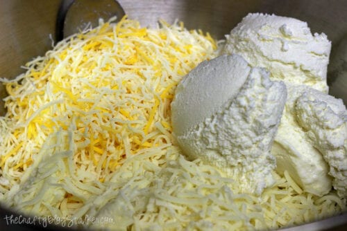 3 cheeses in a bowl ready to combine