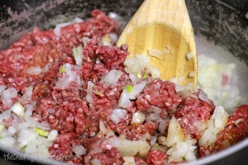 ground beef and chopped onion in a skillet