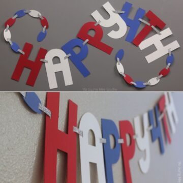 Collage image with Happy 4th banner made with red white and blue cardsctock.