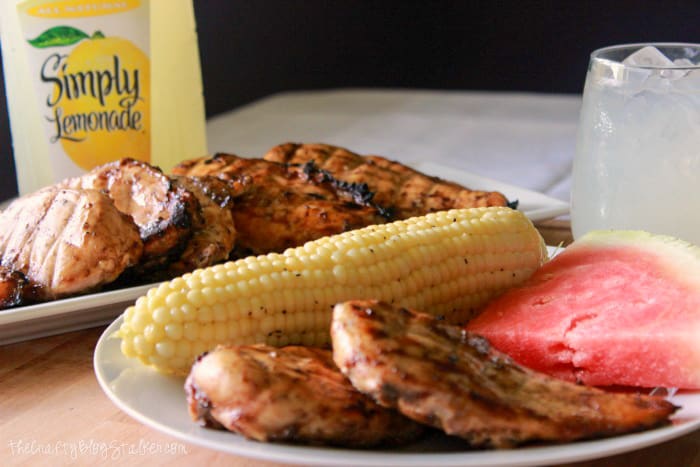 grilled chicken with corn, watermelon and lemonade
