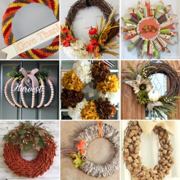 Collage image with a 9 DIY fall wreaths.