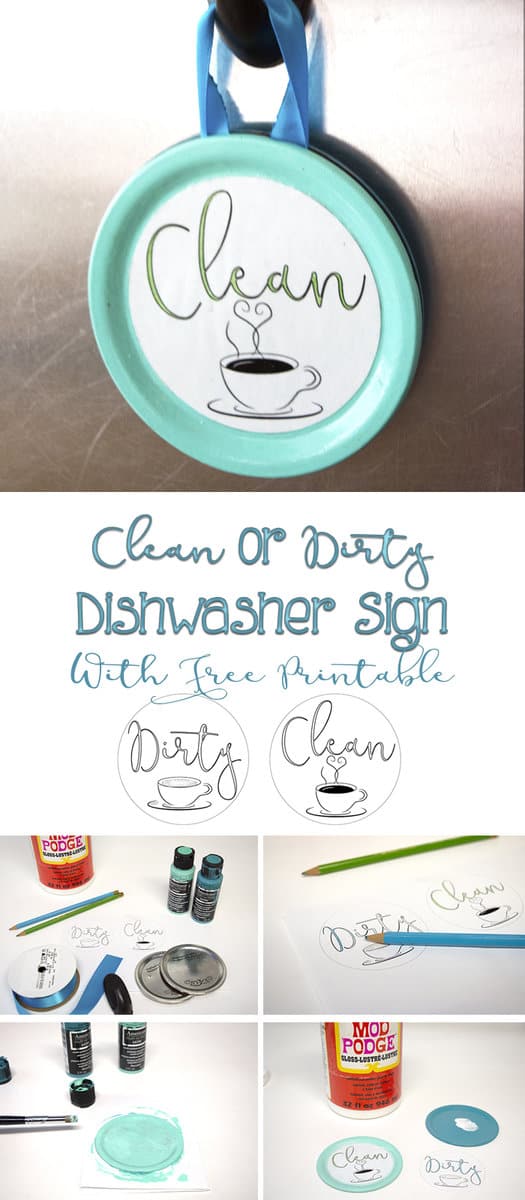 Use Mason jar lids with this free printable to make this cute easy clean or dirty dishwasher sign. Never guess whether the dishes are clean or not again. A simple DIY craft tutorial idea for the kitchen.