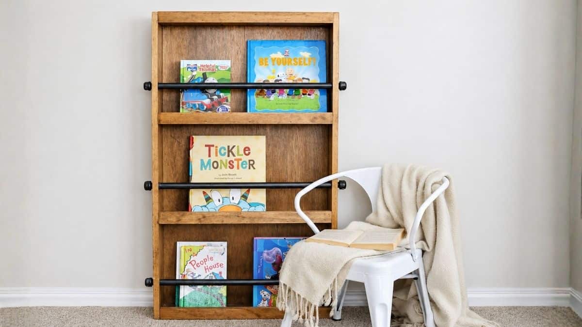DIY wooden kids bookshelf with black pipe rails, colorful books, and a white chair with a cozy blanket beside it.