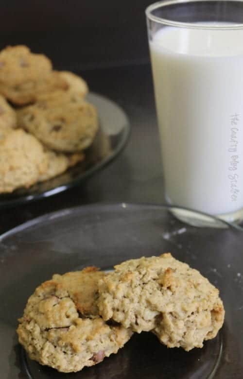 two oatmeal cookies with chocolate milk and a glass of milk
