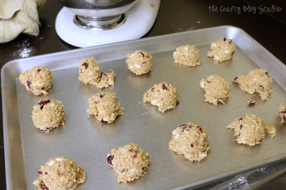 Drop cookie dough by the spoonful onto an ungreased cookie sheet.