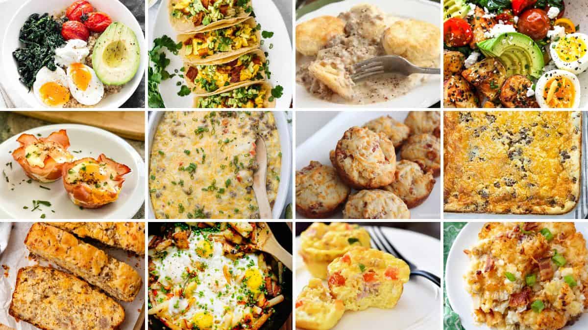 Collage of savory breakfast dishes including casseroles, egg cups, breakfast tacos, biscuits and gravy, skillet meals, veggie bowls, muffins, and hash brown bakes.