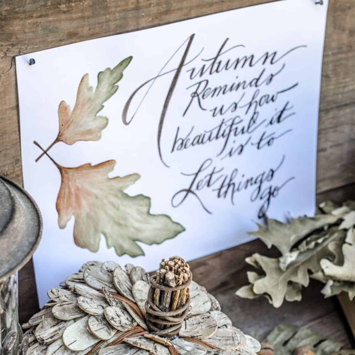 Autumn printable with watercolor leaves and the quote