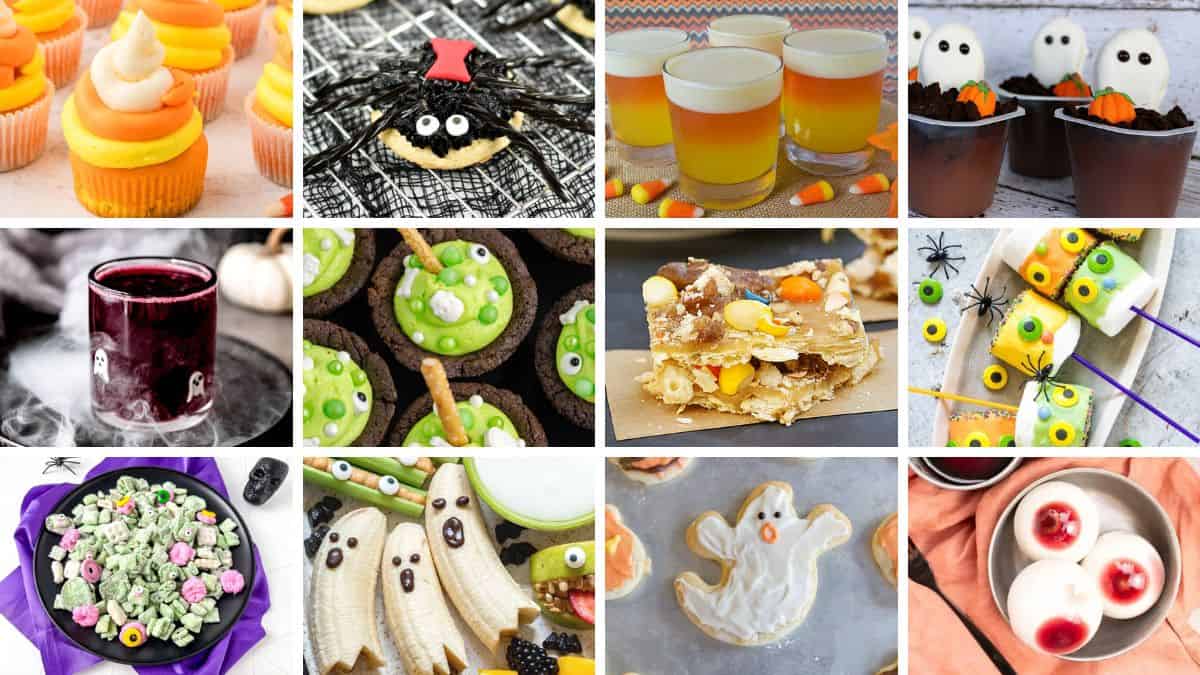 A collage of fun Halloween party foods, including candy corn cupcakes, spider cookies, pudding cups, monster pops, and spooky-themed snacks.