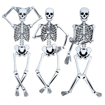 Three jointed skeleton decorations are posed playfully, each standing with crossed legs and arms in different positions for a fun Halloween display.