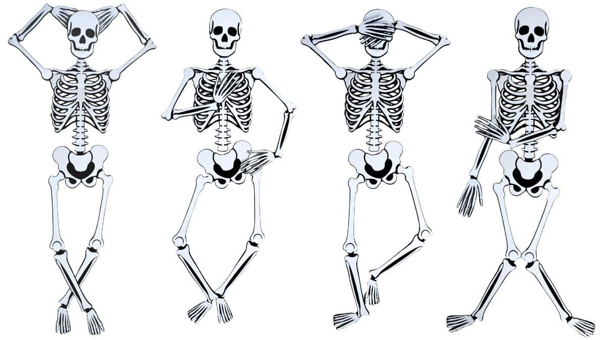 Four laser-cut posable skeleton decorations shown in different playful positions, perfect for Halloween crafts and spooky home decor projects.