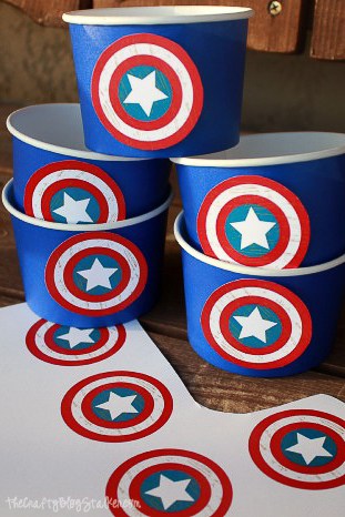 blue cups with patriotic circles attached to the front