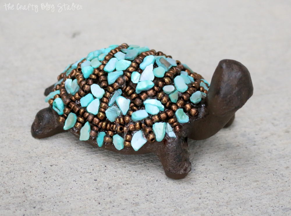Beaded Turtle Decor with turquoise and gold beads.