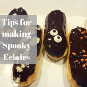 A recipe for homemade eclairs. You can make them spooky eclairs for Halloween or leave them simple eclairs, a yummy dessert for anytime of year.
