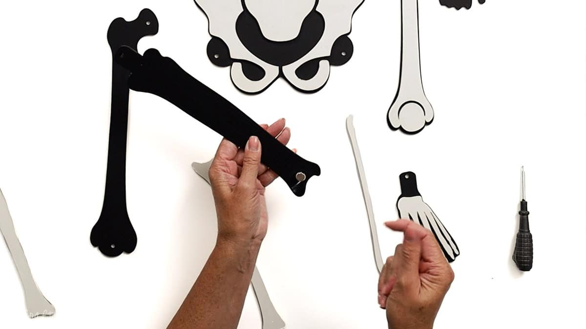 Hands assembling a laser cut skeleton leg by attaching the calf bone to the thigh bone with a screw casing, with other skeleton pieces visible on the table.