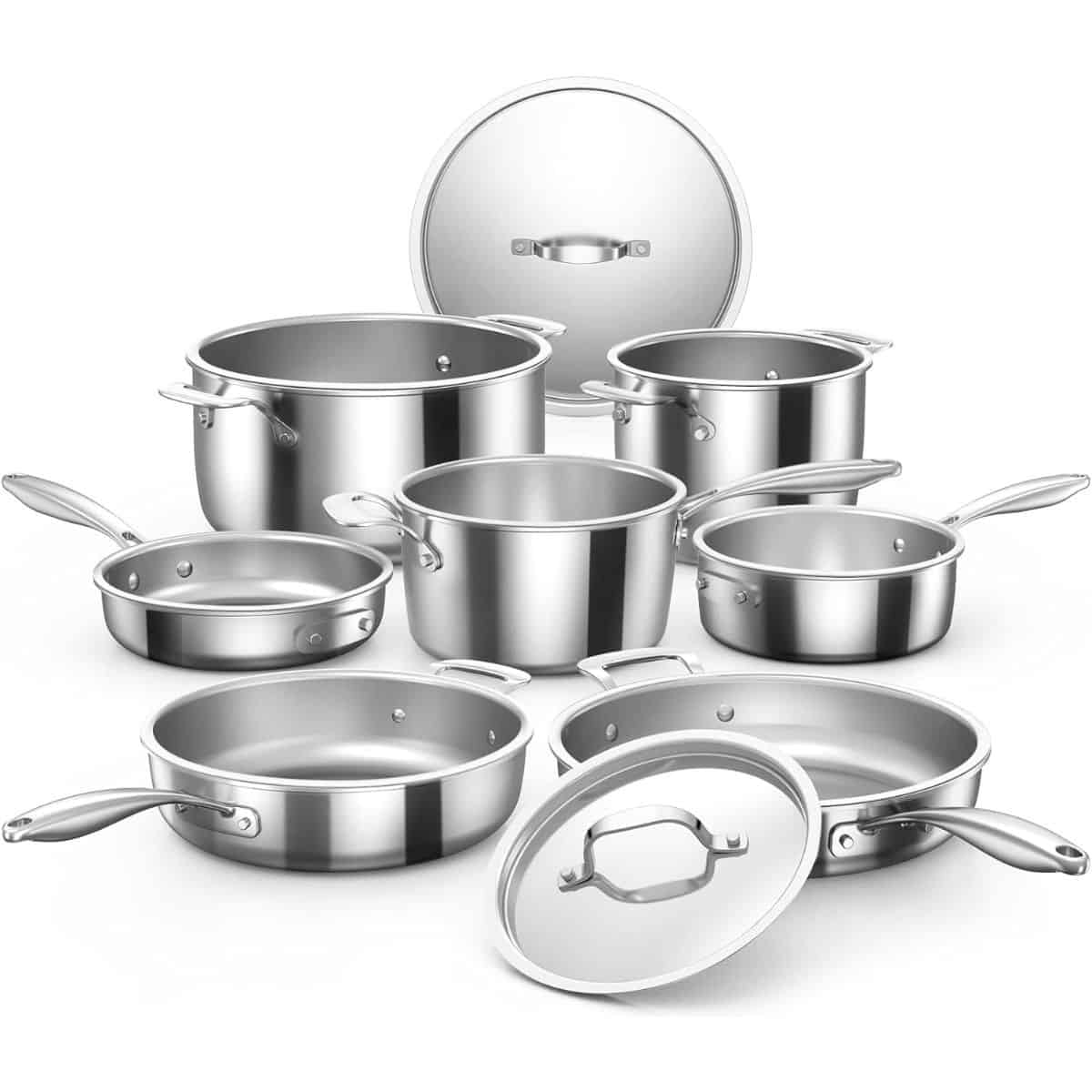 A 9-piece stainless steel cookware set including pots, pans, and lids, all with polished finishes and sturdy handles.