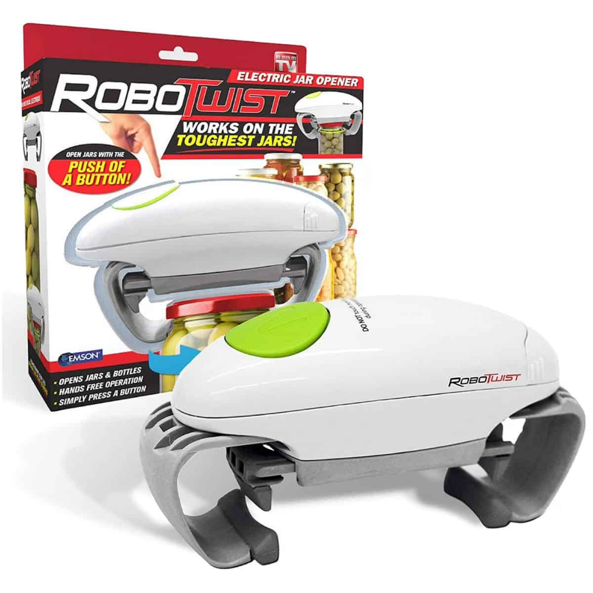 A RoboTwist electric jar opener with its packaging, showing the hands-free device designed to open jars and bottles at the push of a button.