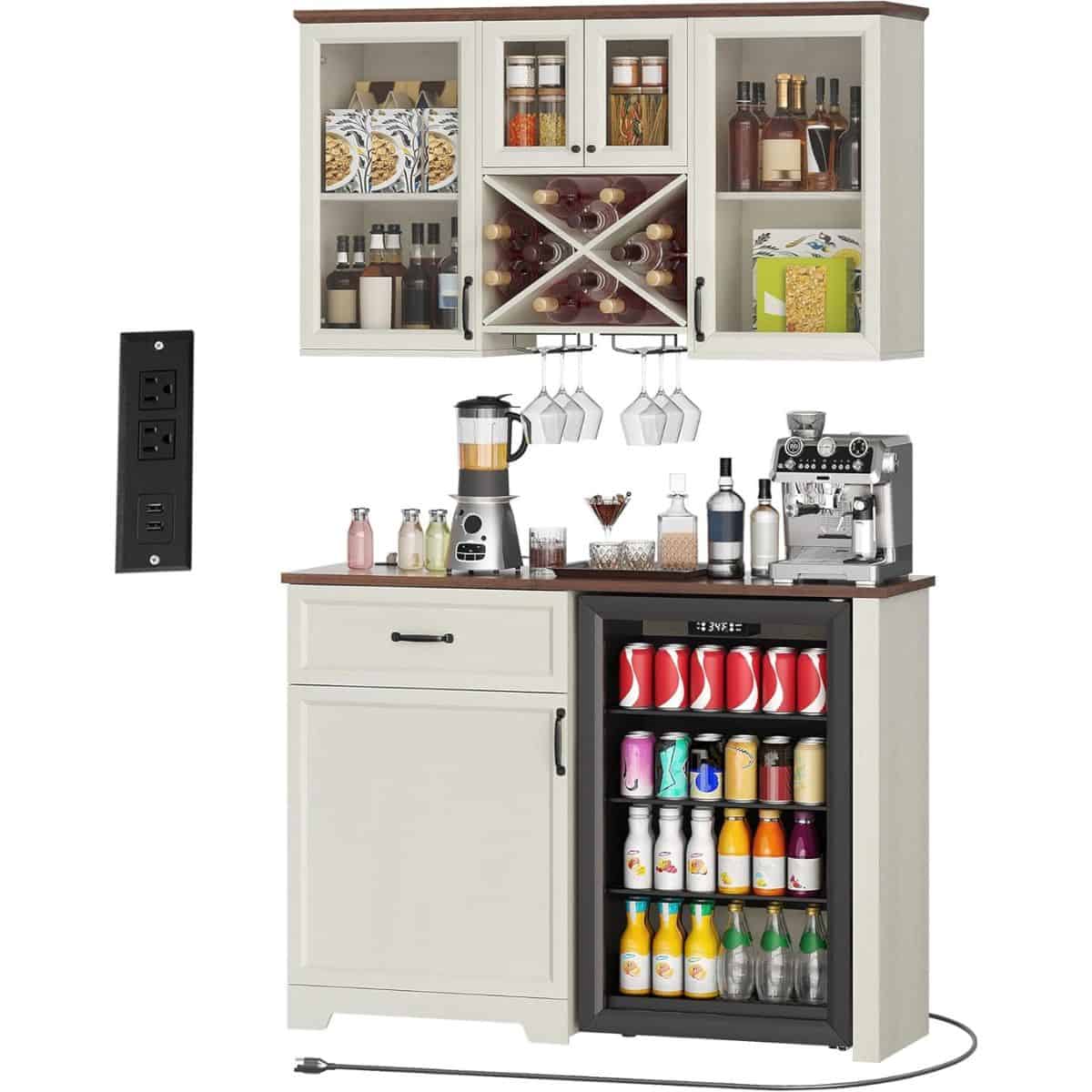 A modern home bar cabinet with glass doors, wine rack, mini fridge, and countertop holding a coffee machine, blender, and drink bottles.