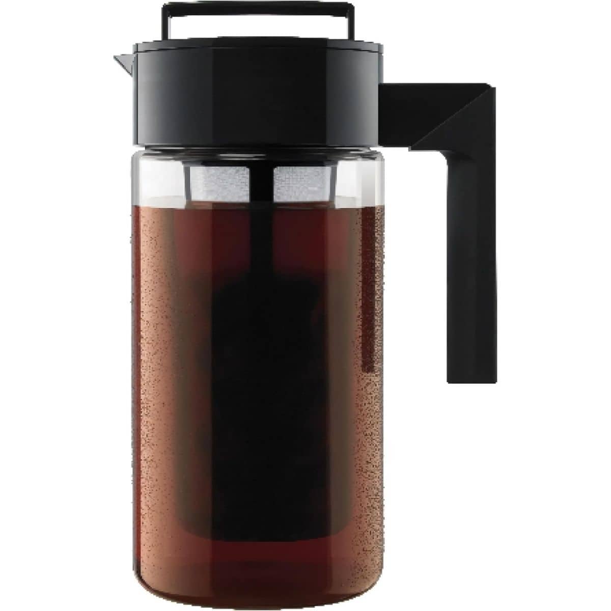 A glass cold brew coffee maker with a black lid, handle, and built-in filter, filled halfway with dark brewed coffee.
