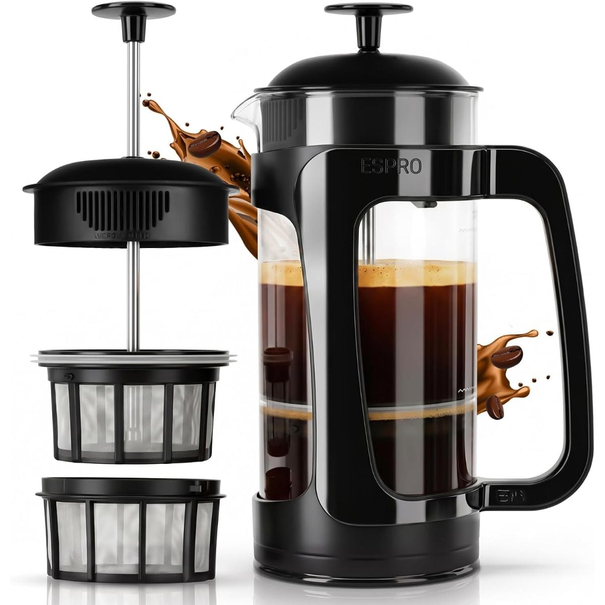 ESPRO French press coffee maker with a black handle, glass carafe filled with coffee, and removable plunger and mesh filters.