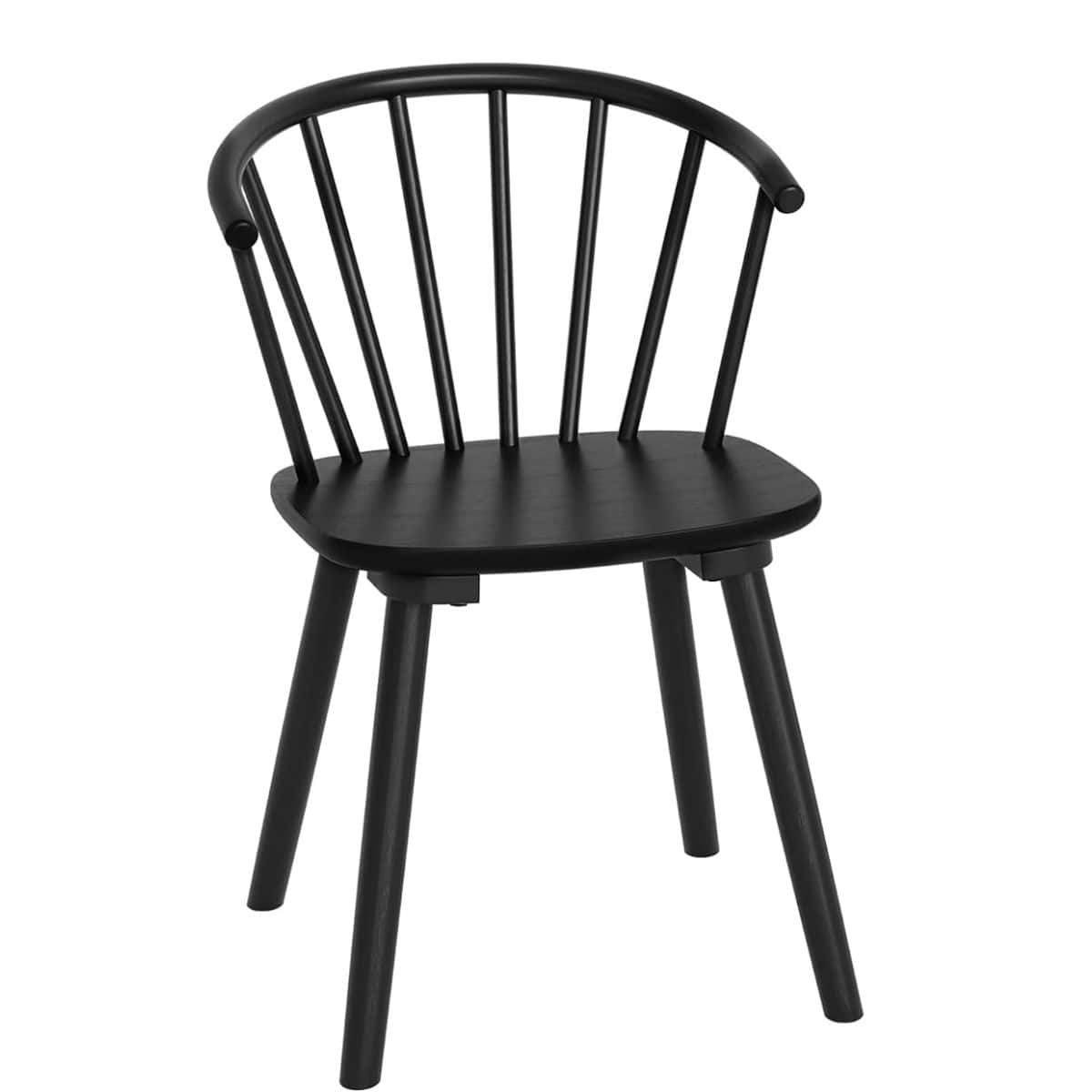 Modern black dining chair with a cushioned fabric seat, sleek wooden legs, and a low leather backrest, shown against a plain white background.