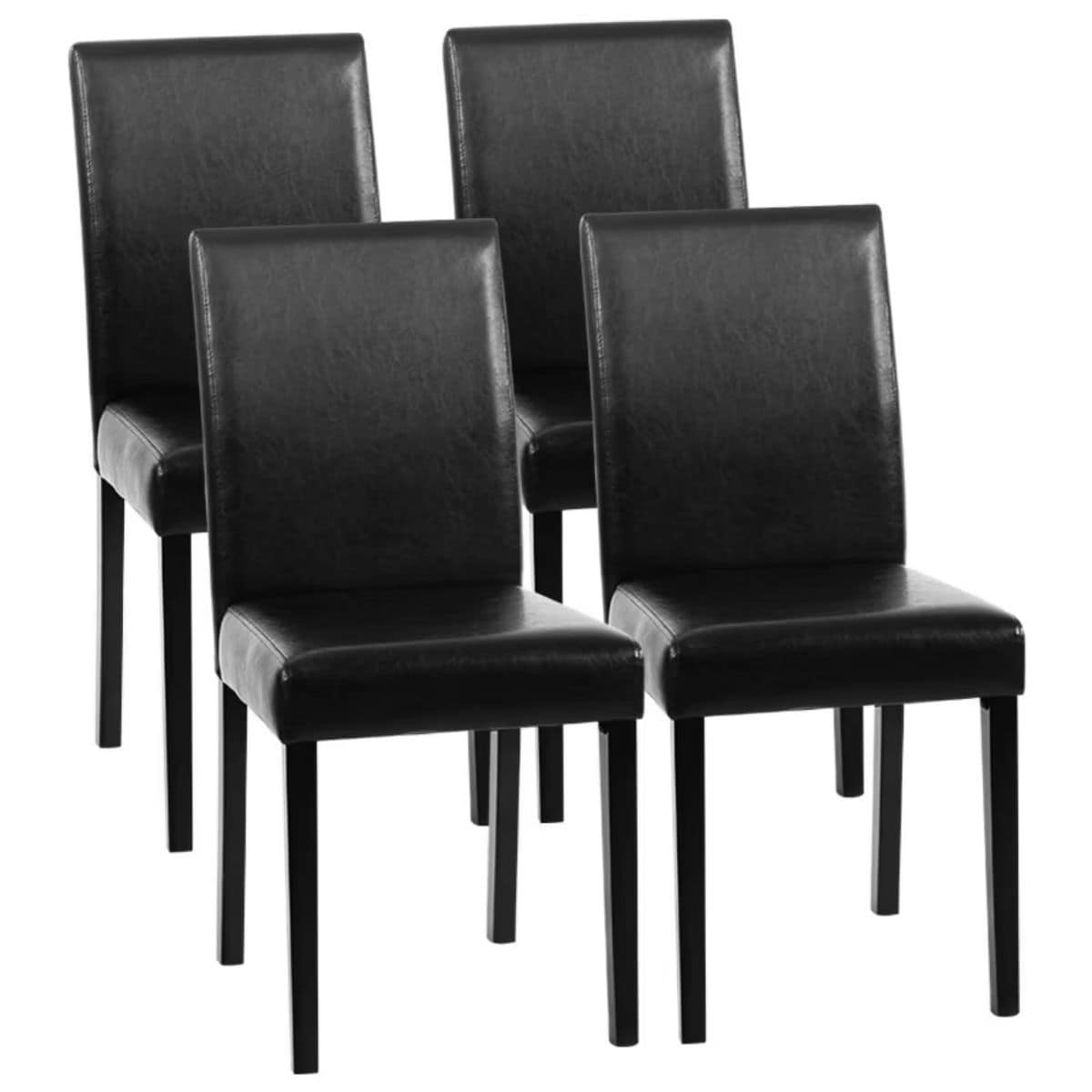 Set of four black faux leather dining chairs with padded seats, high backs, and slim black legs displayed on a white background.