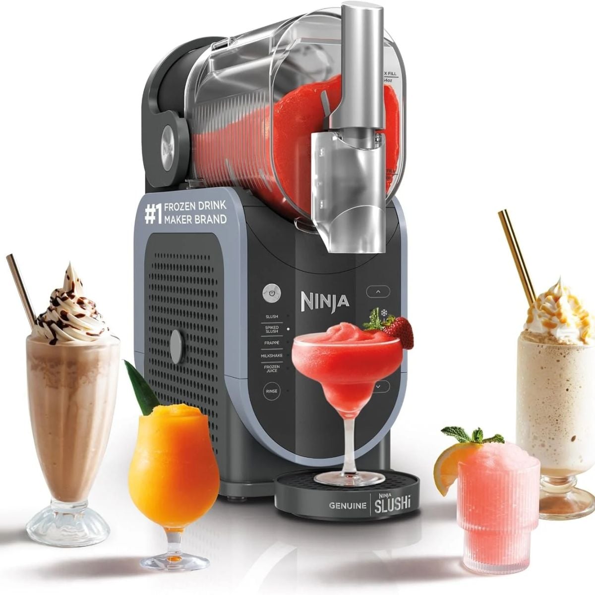 Ninja SLUSHi frozen drink maker filled with red slush, surrounded by colorful frozen drinks, milkshakes, and frappés.