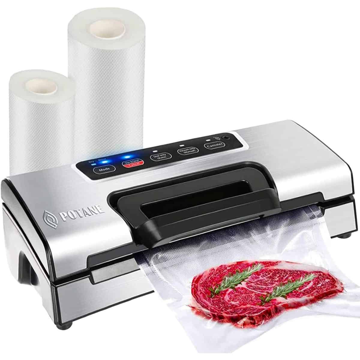 A POTANE vacuum sealer machine sealing a bag of raw steak with herbs, shown with two rolls of vacuum sealer bags in the background.