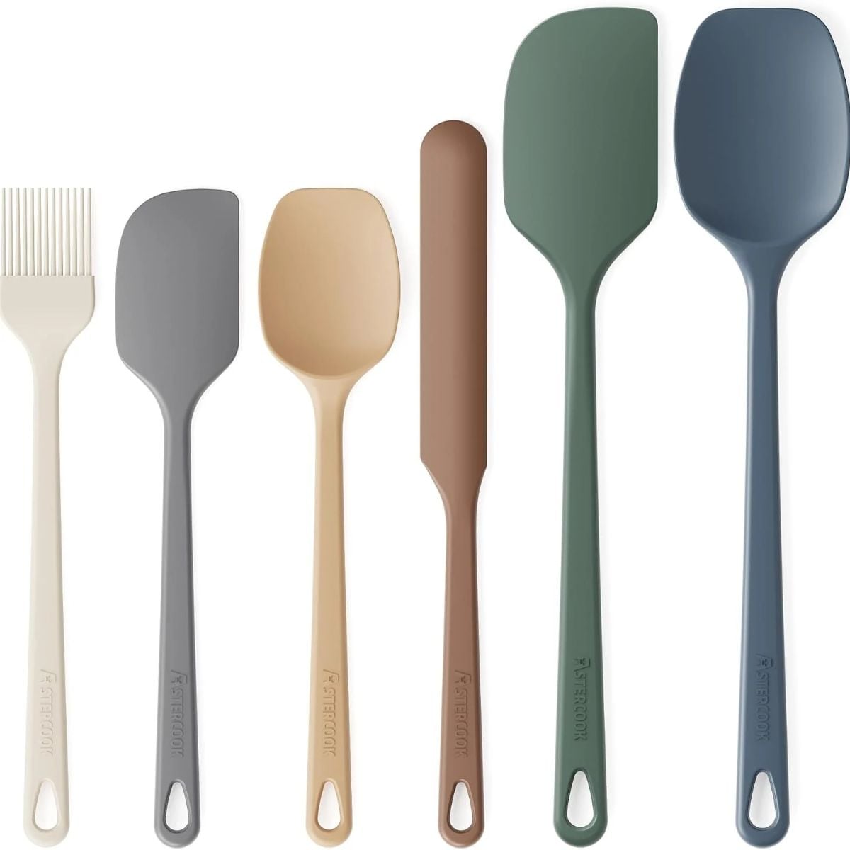 Six-piece silicone spatula and kitchen utensil set in cream, gray, beige, brown, green, and blue, including a pastry brush, spatulas, and spoons.