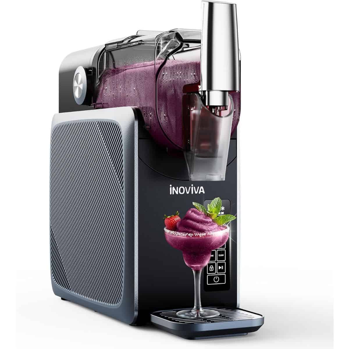 A black and silver iNOVIVA slushie machine dispensing a purple frozen drink into a glass, garnished with a strawberry and mint leaves.