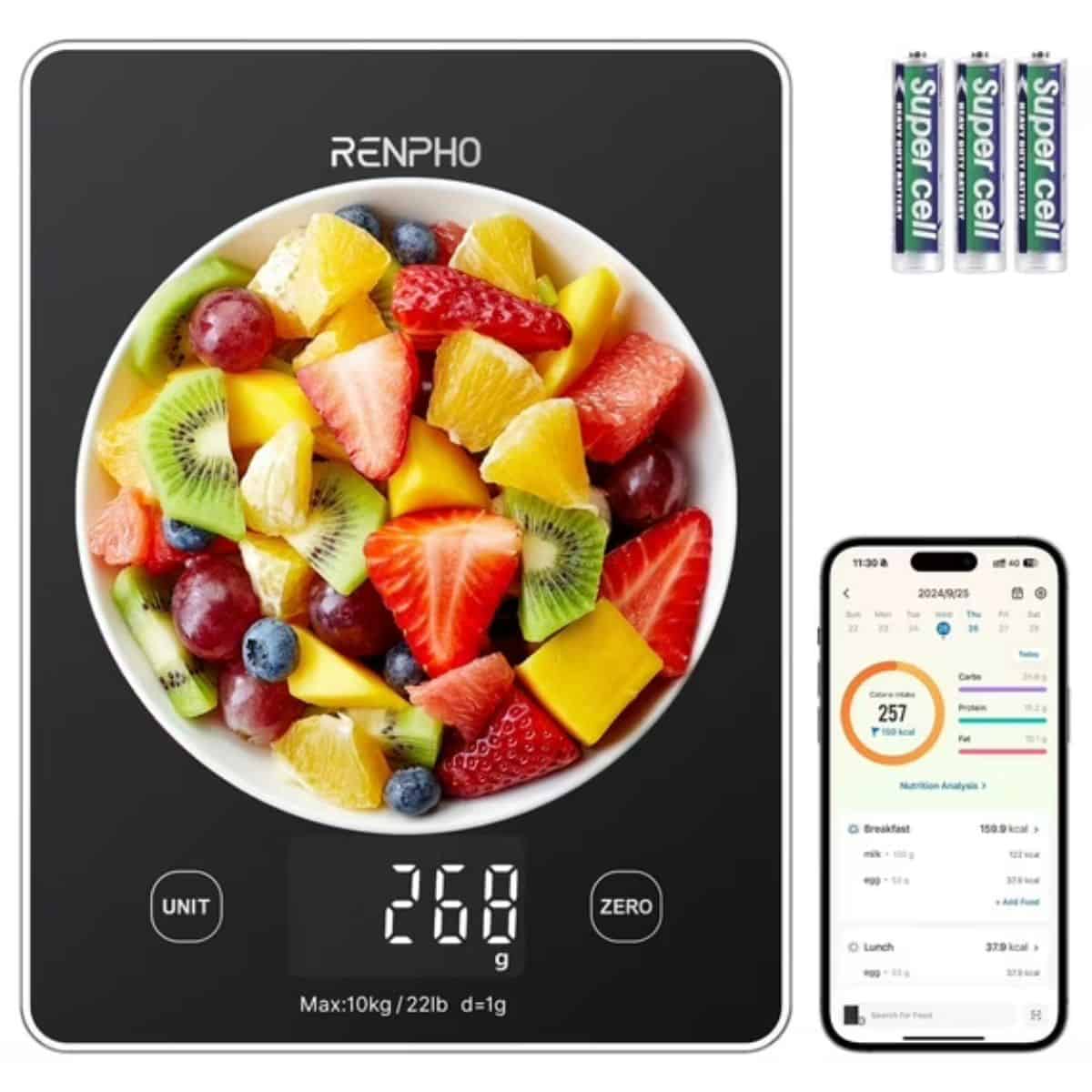 A RENPHO smart food scale showing a bowl of mixed fruit weighing 268 grams, displayed next to a smartphone app and three AA batteries.