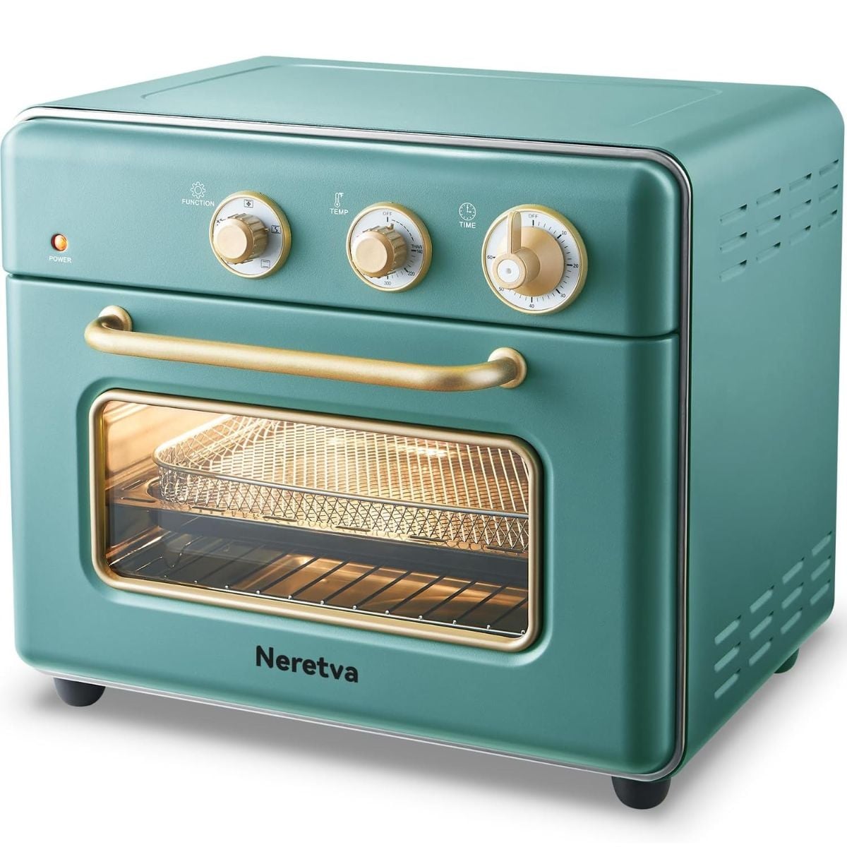 Teal Neretva toaster oven and air fryer with gold control knobs, a matching door handle, and a glass window showing the cooking racks inside.