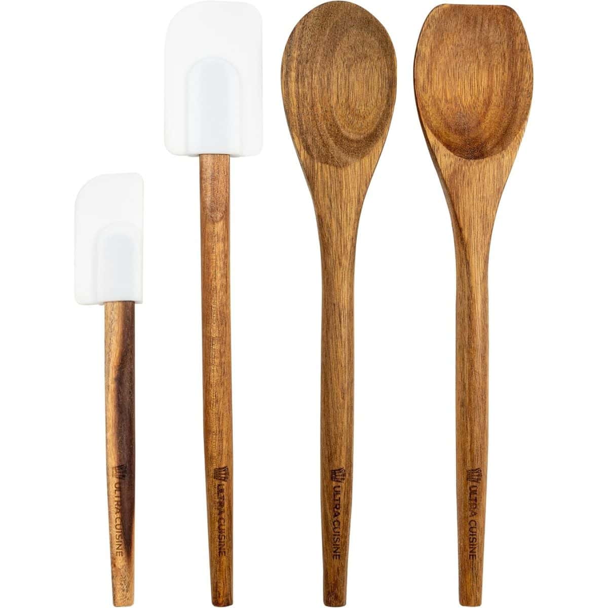 A four-piece kitchen utensil set with two wooden spoons and two white silicone spatulas, each featuring engraved Ultra Cuisine handles.