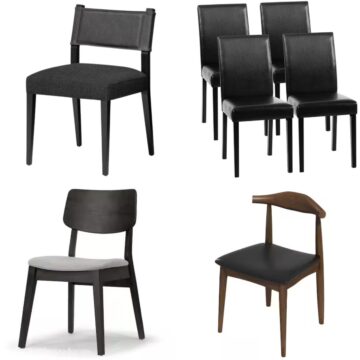 Collage of four black dining chair styles, including cushioned, X-back with wood seat, modern curved back with gray cushion, and mid-century wood frame.