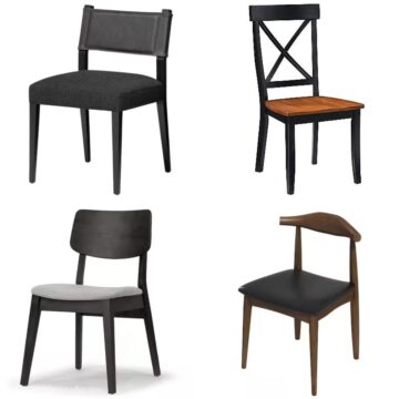 Collage of four black dining chair styles, including cushioned, X-back with wood seat, modern curved back with gray cushion, and mid-century wood frame.